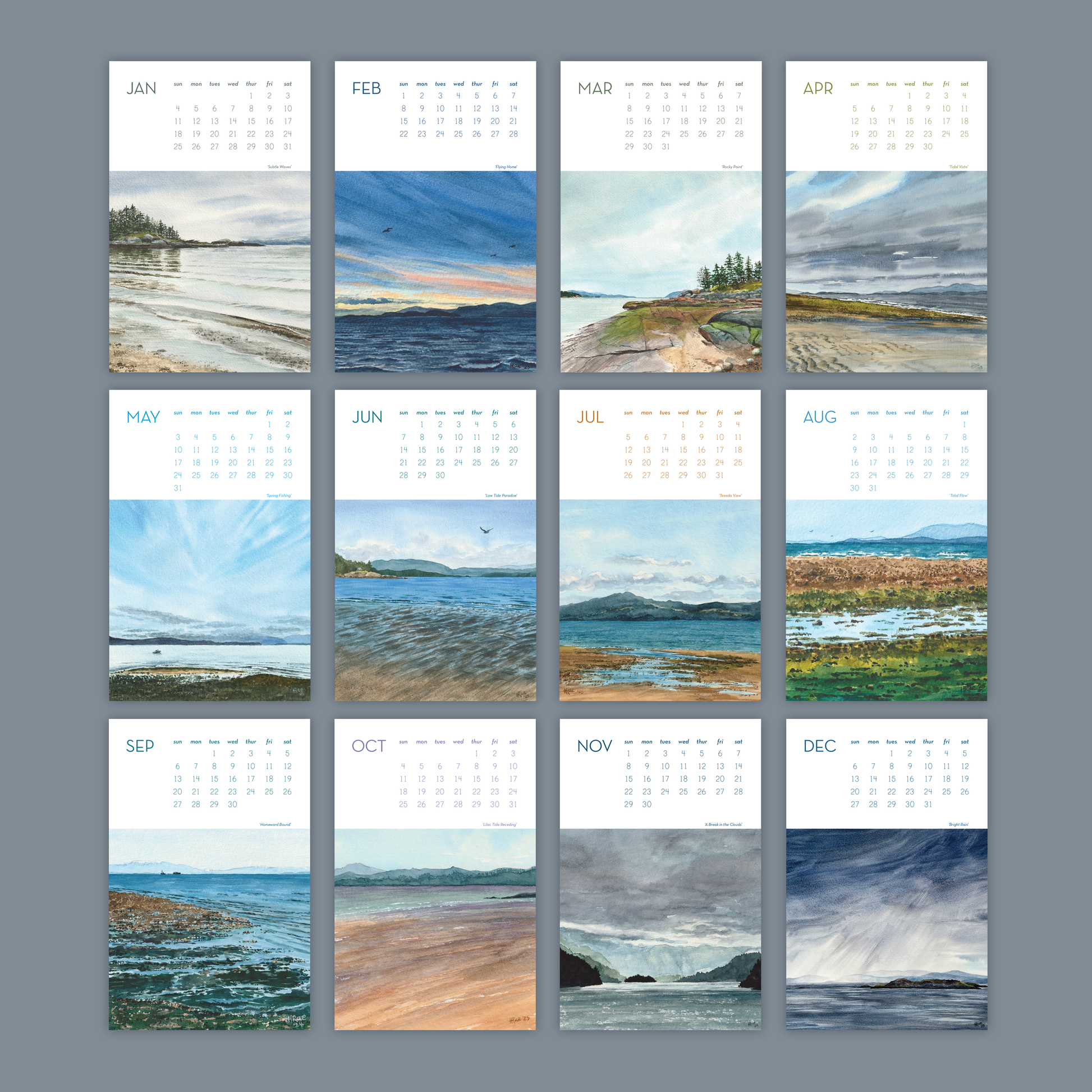 Calendar with scenic images of landscapes for each month 