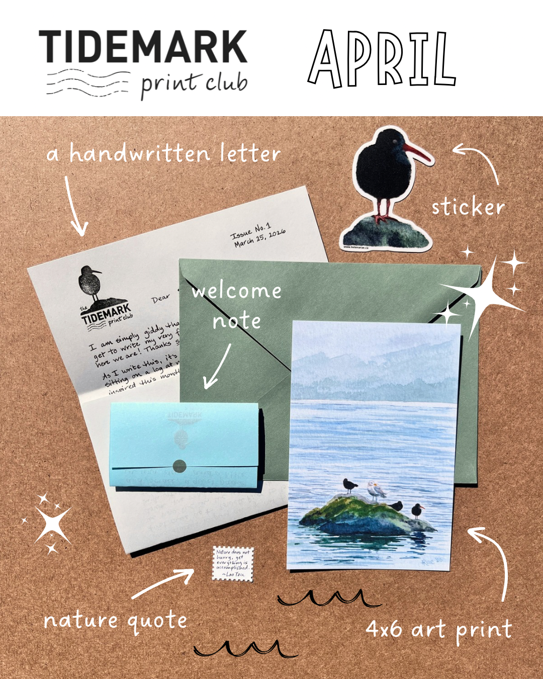 Tidemark Print Club first issue, envelope with coastal themed art print, sticker, and a letter